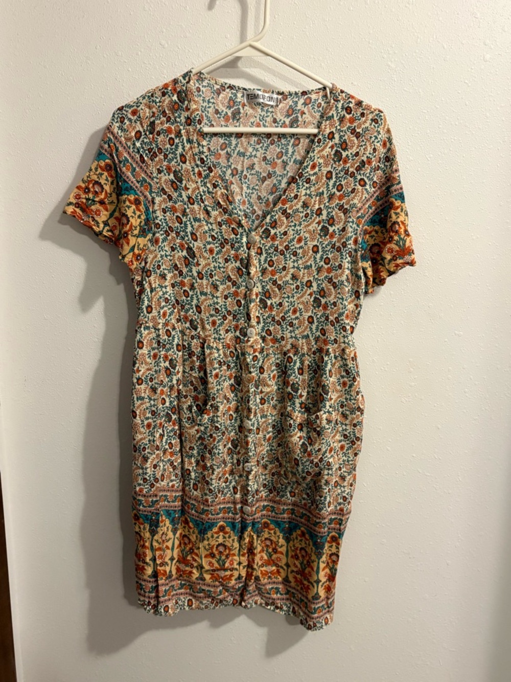 Floral Boho Button-Front Dress with Teal, Orange, & Mustard Accents Size Medium